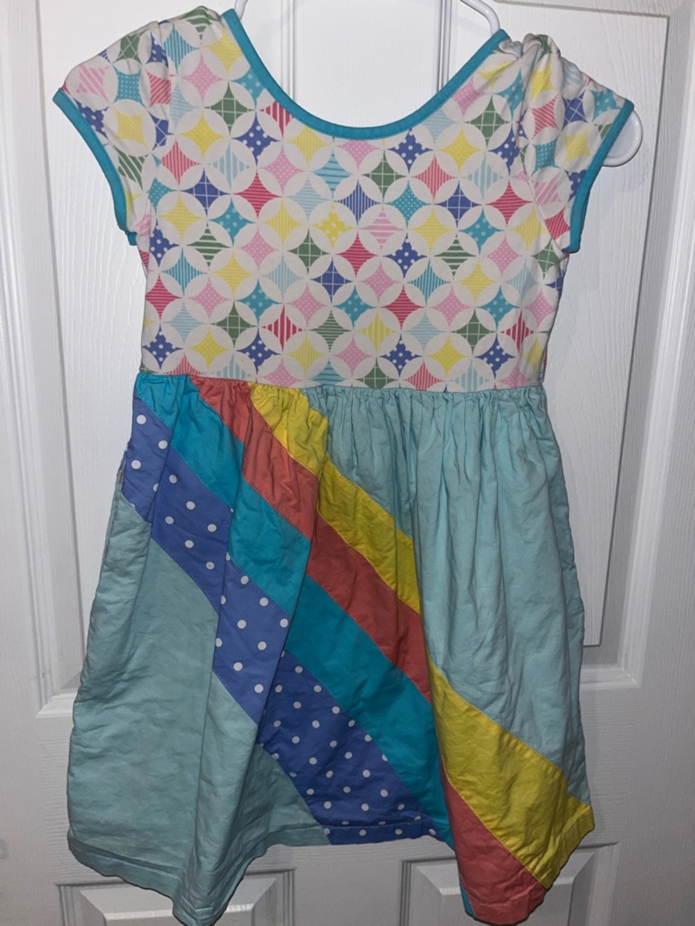 Matilda Jane Multi-Color Patchwork Dress with Aqua Trim